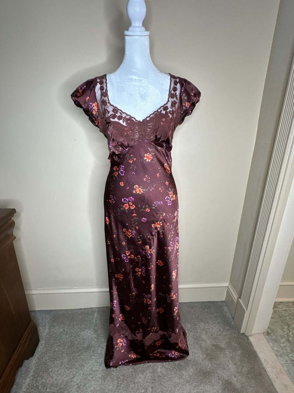 Free People Butterfly Babe Maxi Dress Size S Brown Floral Satin Lace Trim